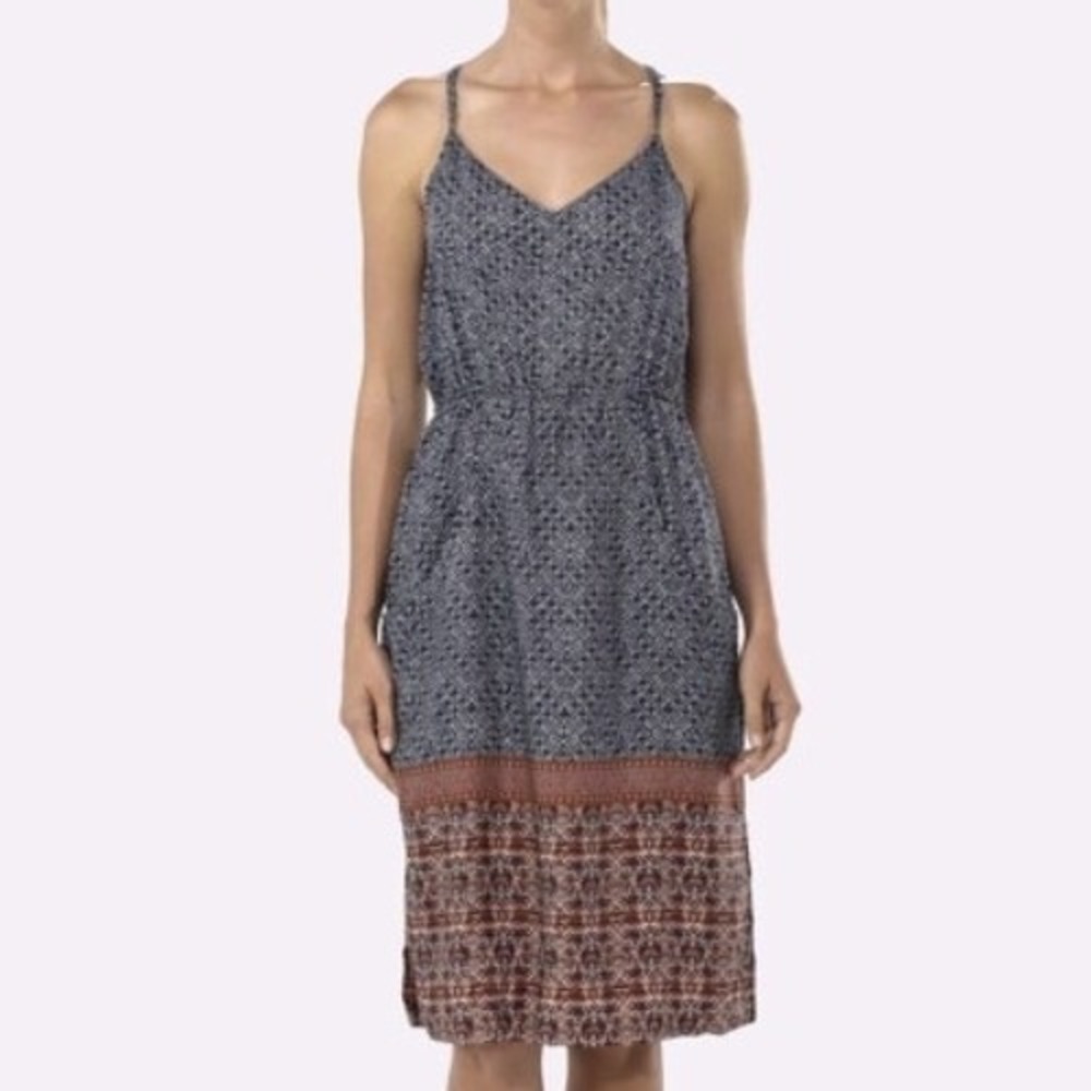 Patagonia Kamala Midi Dress Navy Blue Rust Orange Geometric Print Womens‎ Medium